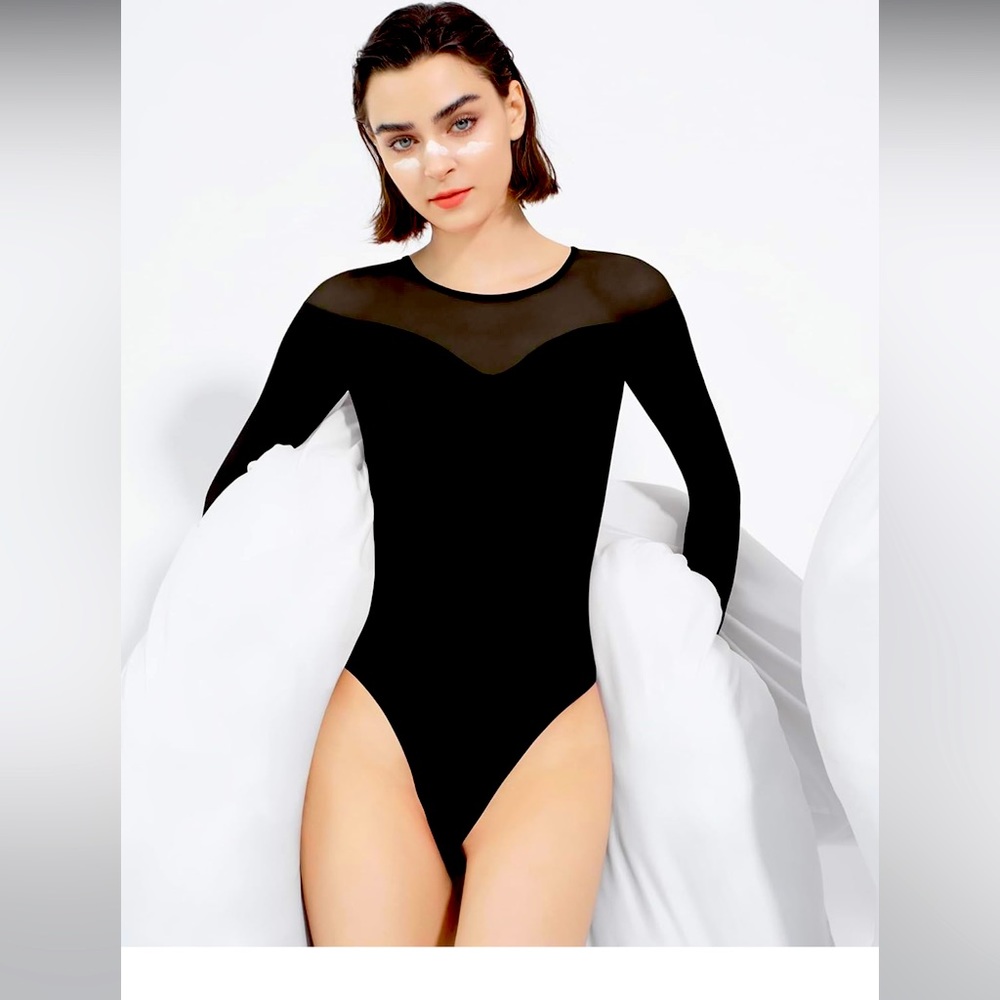 PUMIEY Mesh Bodysuit for Women Crew Neck Long Sleeve Body Suits Sexy Sheer Tops